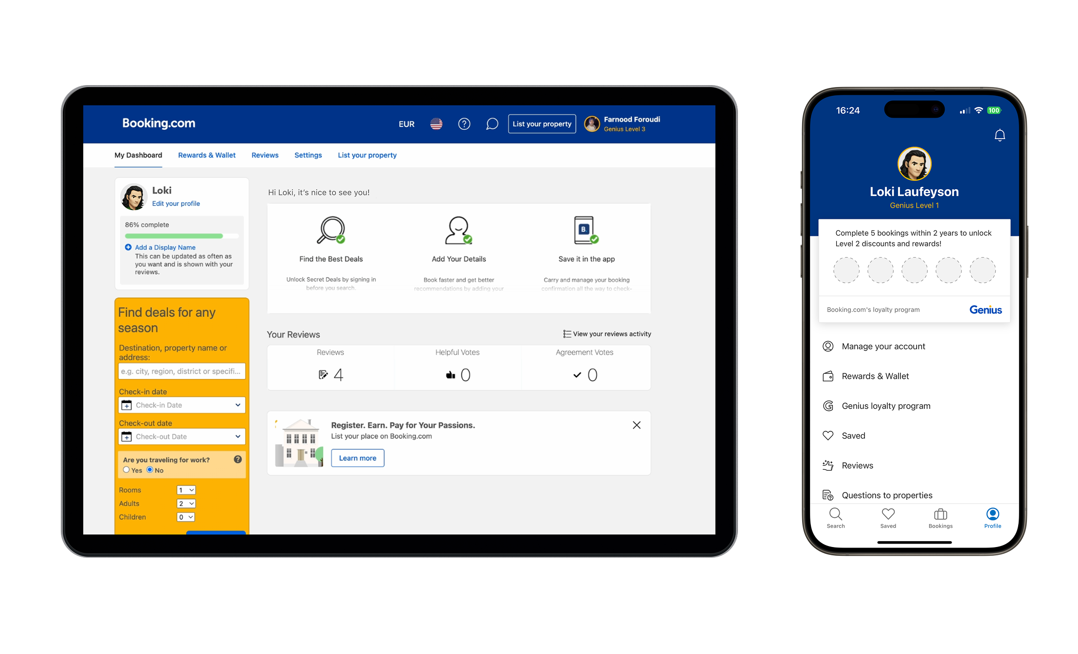 Original account area, showcasing usability issues and clutter